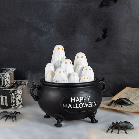 Glitzhome® 9" Halloween Lighted Polyresin Ghosts in Cauldron Table Decor with Timer